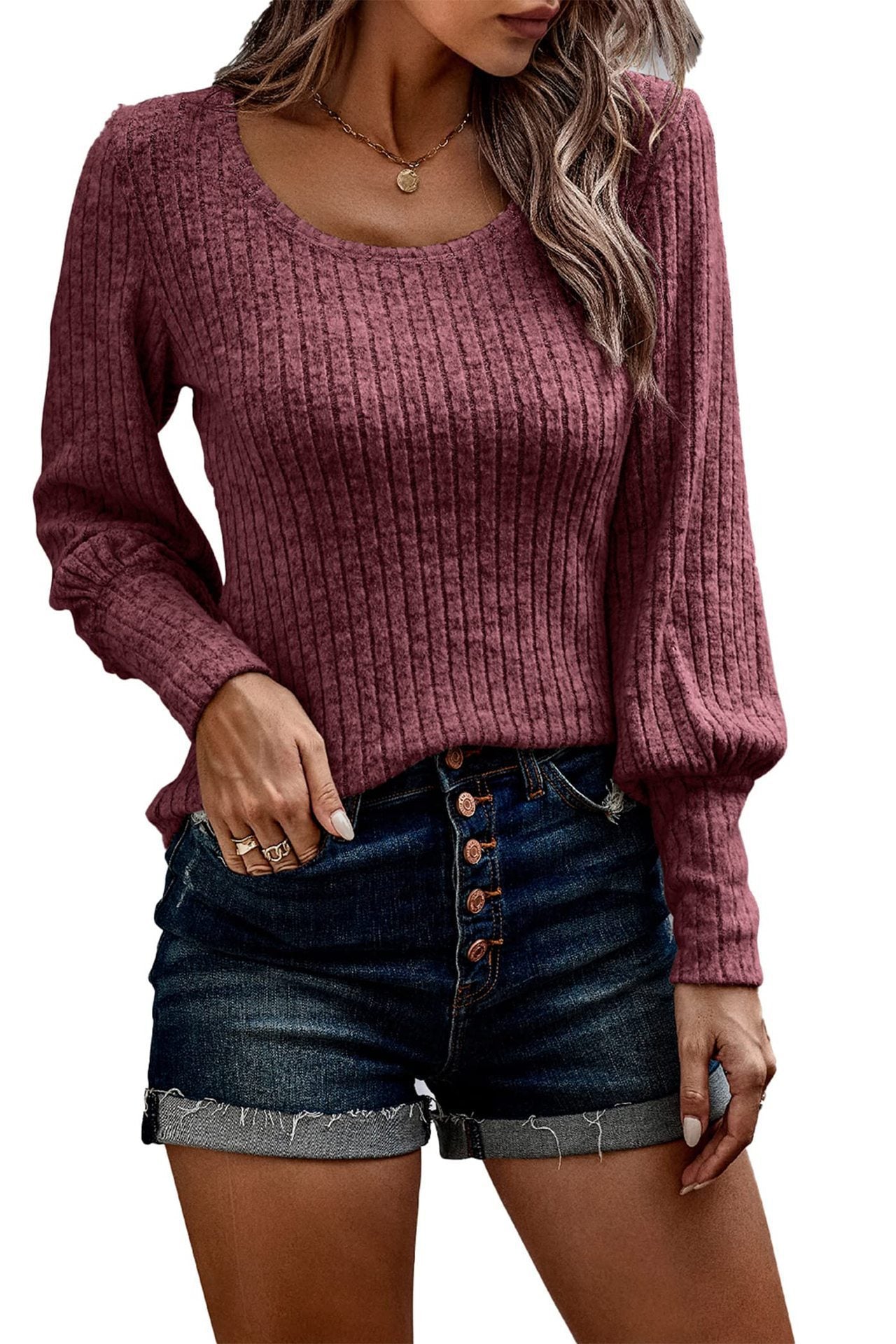 Damen gemütliches Rippstrickoberteil mit Puffärmeln Stalluxe
