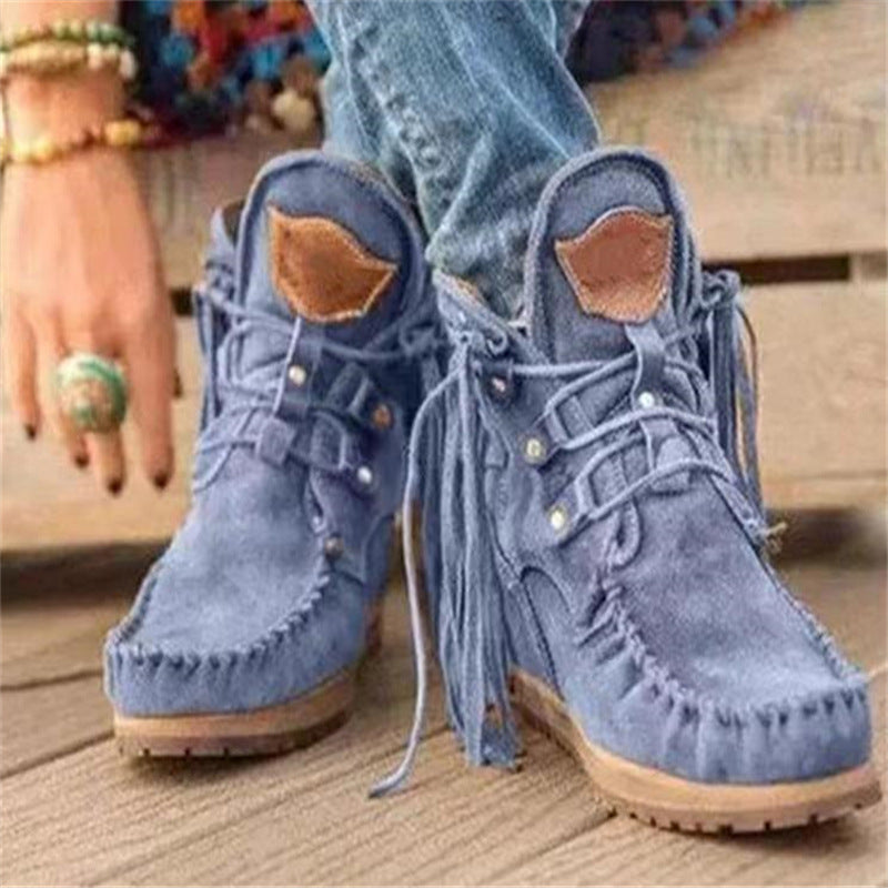 Damen Mokassinstiefel mit modischen Fransen und eleganten Schnürungen Stalluxe