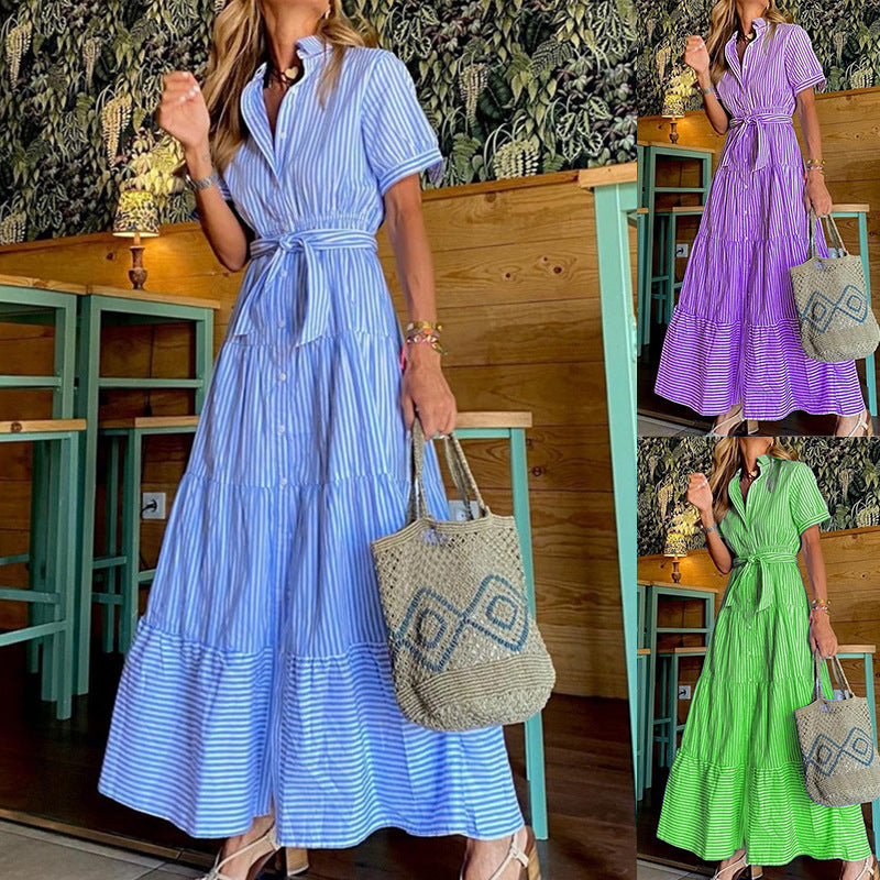 Damen Hemdblusenkleid mit lässigem Streifenmuster und Taillengürtel Stalluxe