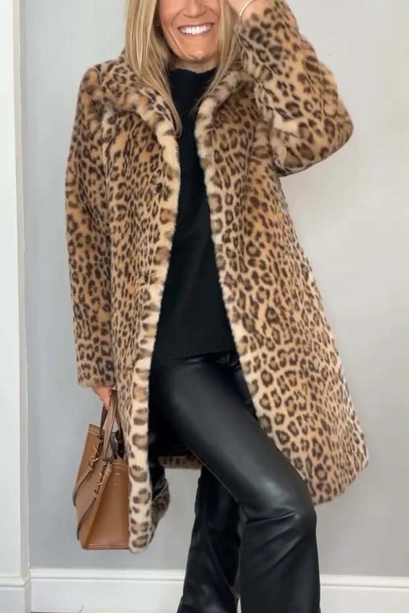 Damen Flauschige Leopardmuster Jacke mit hohem Kragen Stalluxe