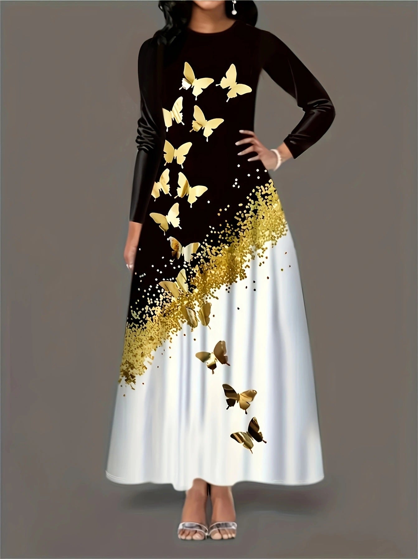 Damen Maxikleid mit elegantem Schmetterlingsmuster und funkelndem Goldakzent Stalluxe