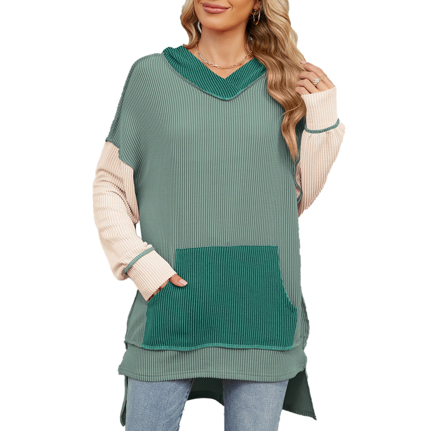 Damen lässiger Longpullover mit Kapuze und seitlicher Tasche Stalluxe