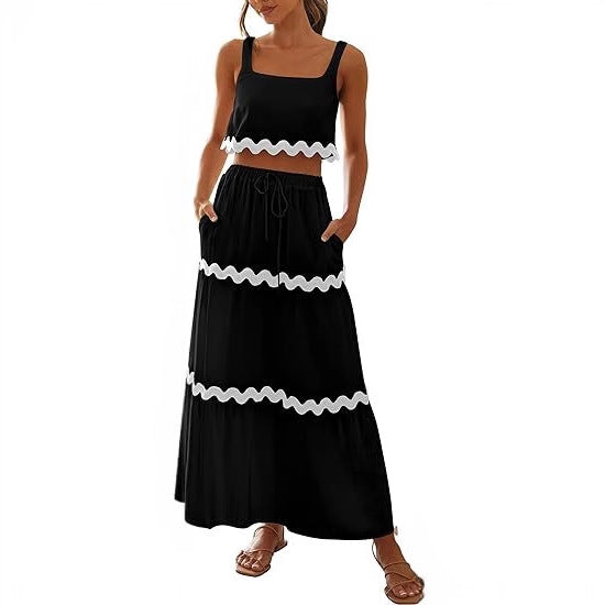 Damen Zweiteiliges Set mit Crop Top und Maxirock im Rüschenstil Stalluxe