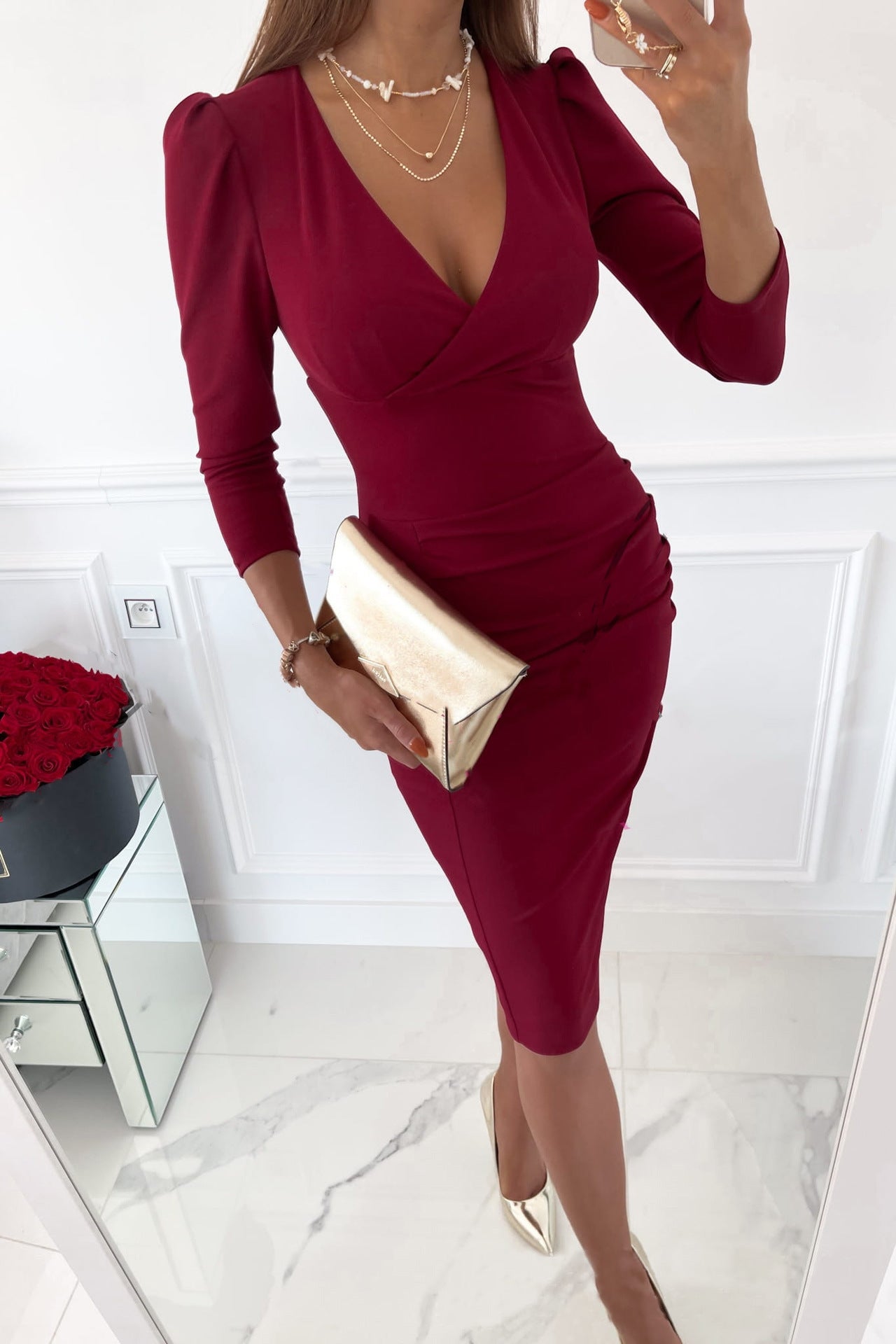Women's Elegant V-Neck Midi Dress Stalluxe