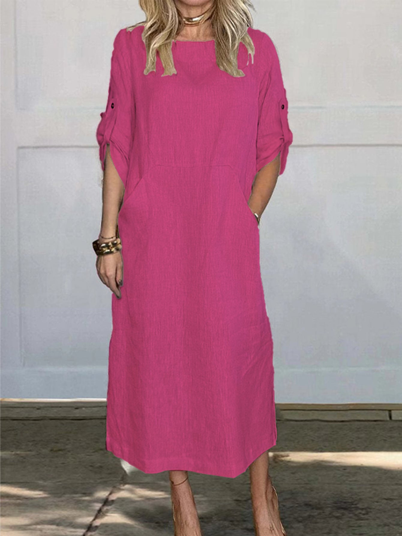 Damen luftiges Midi-Kleid mit praktischen Taschen und umschlagbaren Ärmeln Stalluxe