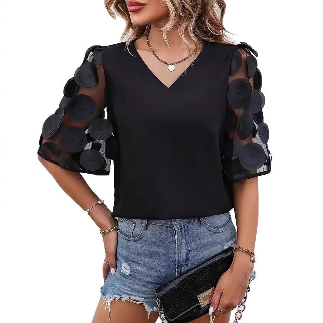 Damen Elegantes Oberteil mit transparenten Puffärmeln und V-Ausschnitt Stalluxe