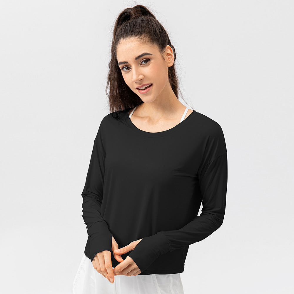 Damen Atmungsaktives Langarm-T-Shirt mit Daumenlöchern und lockerer Passform Stalluxe