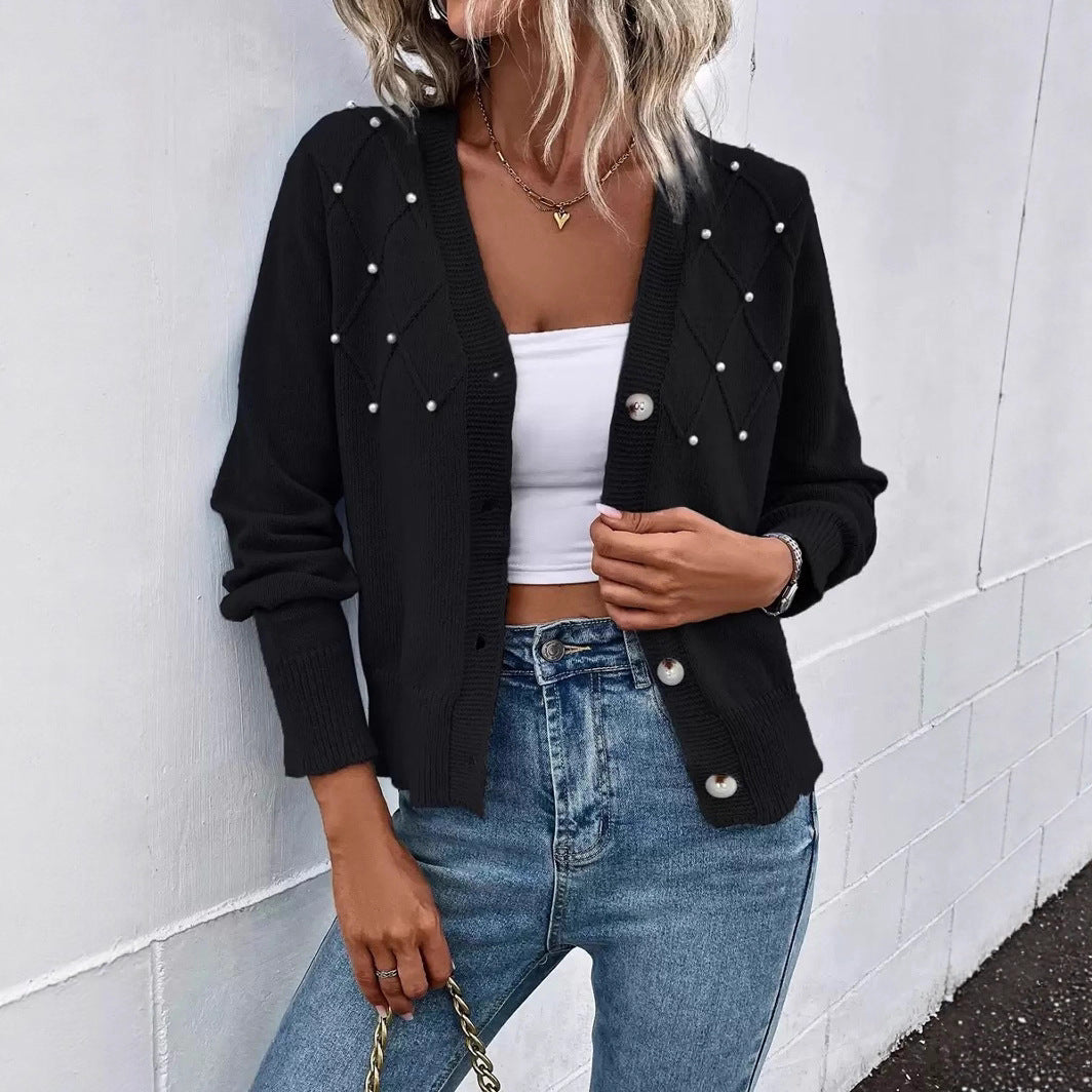 Damen Strickjacke mit Perlenverzierung und V-Ausschnitt Stalluxe