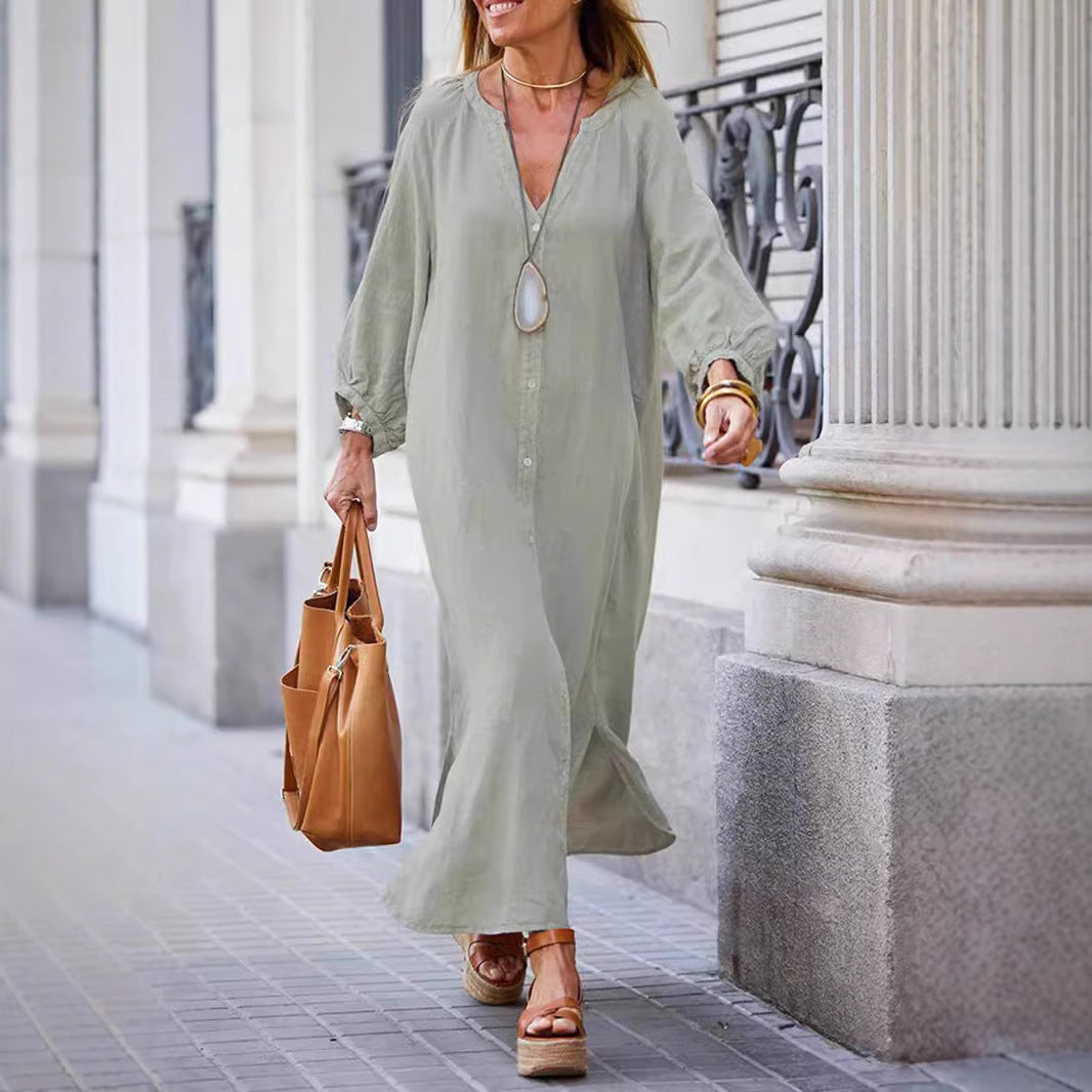 Women's Long Linen Button-Up Dress Stalluxe