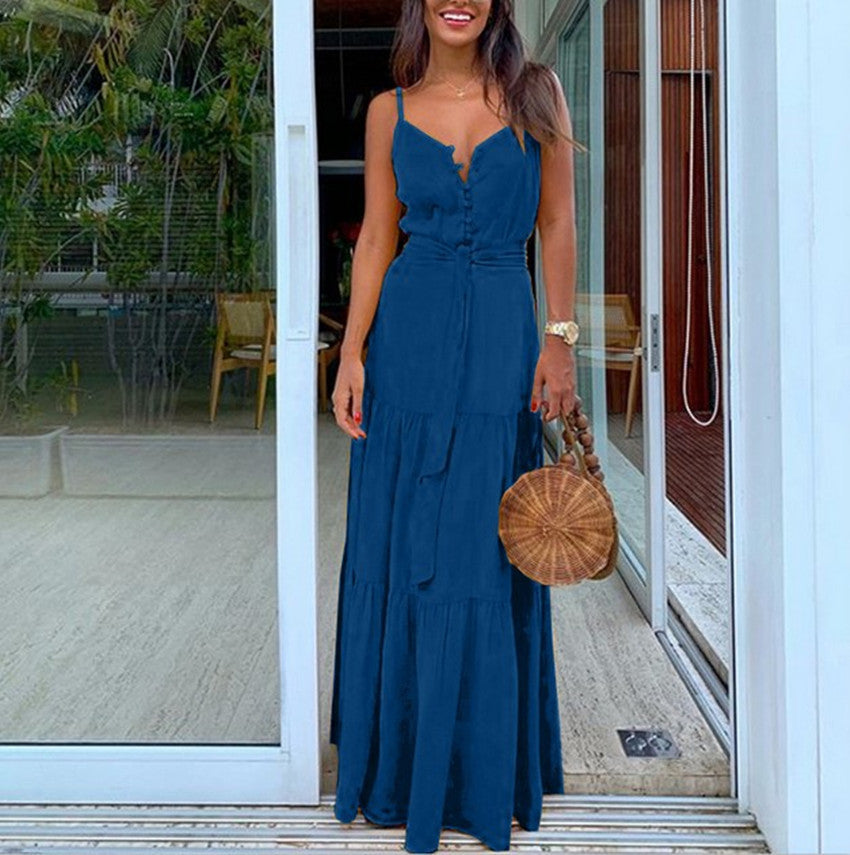 Damen Maxikleid mit tiefem V-Ausschnitt und aufgesetzten Knöpfen Stalluxe