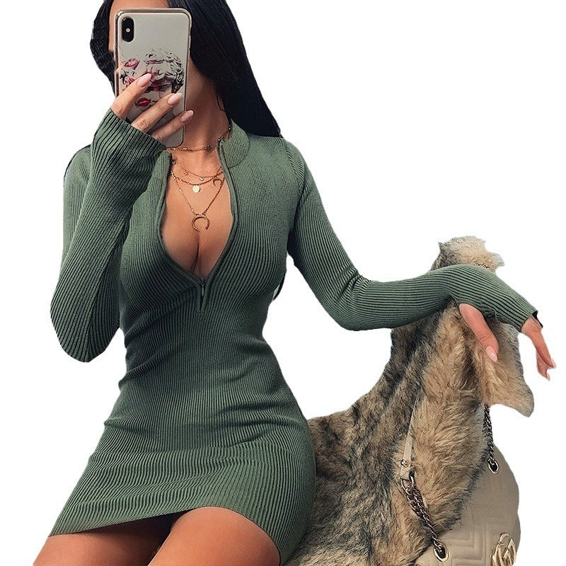 Damen Knit Kleid mit tiefem V-Ausschnitt und langen Ärmeln Stalluxe