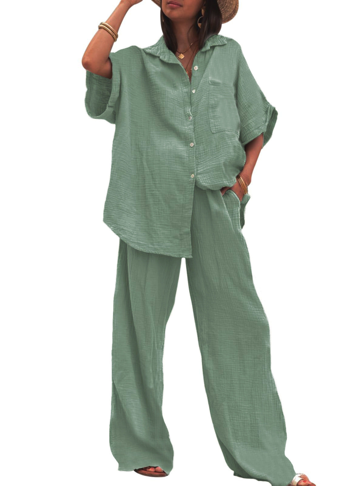 Damen luftiges Oversize-Hemd und weite Hose Set Stalluxe