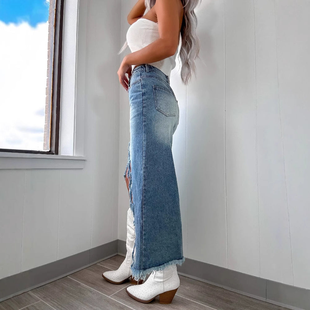 Damen Denim-Rock mit fransigem Saum und hohen Schlitzen Stalluxe