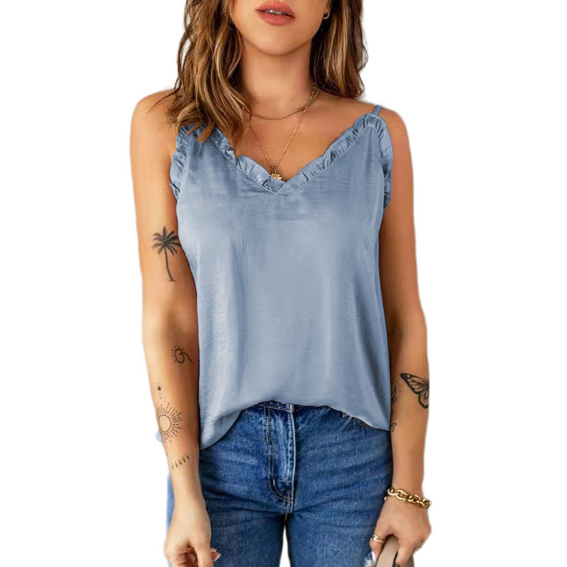 Damen lässiges Spaghetti-Top mit Rüschendetails und V-Ausschnitt Stalluxe