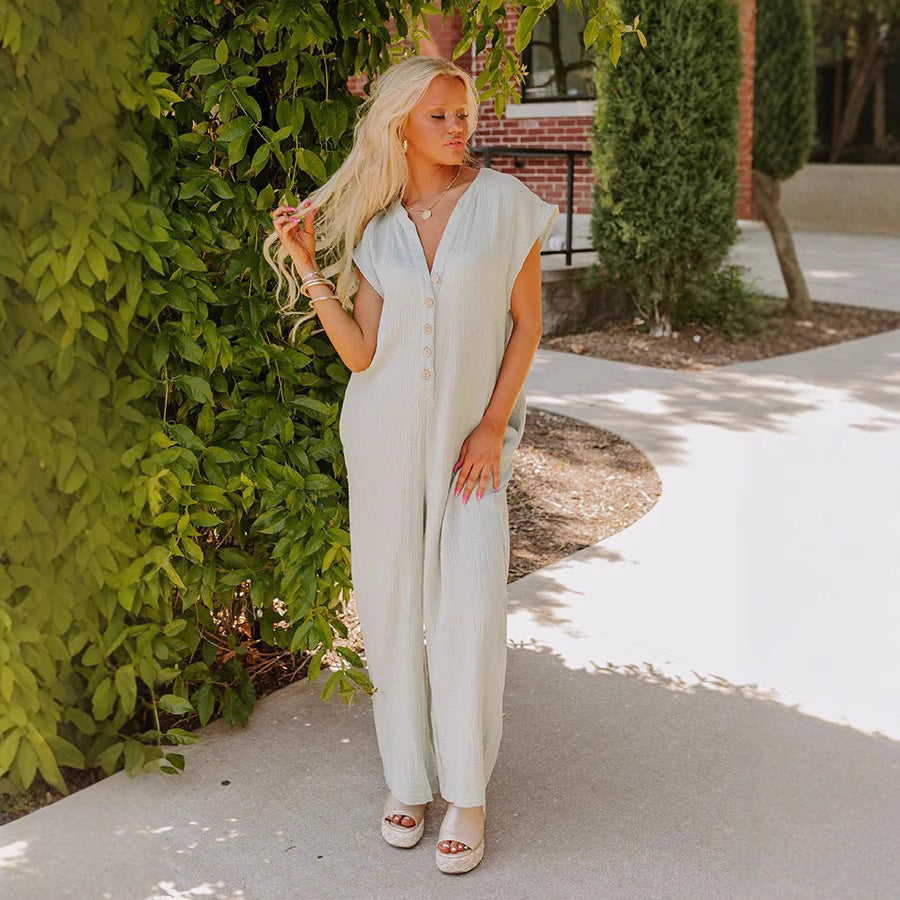 Damen Jumpsuit mit Knopfleiste und weit geschnittenem Bein Stalluxe