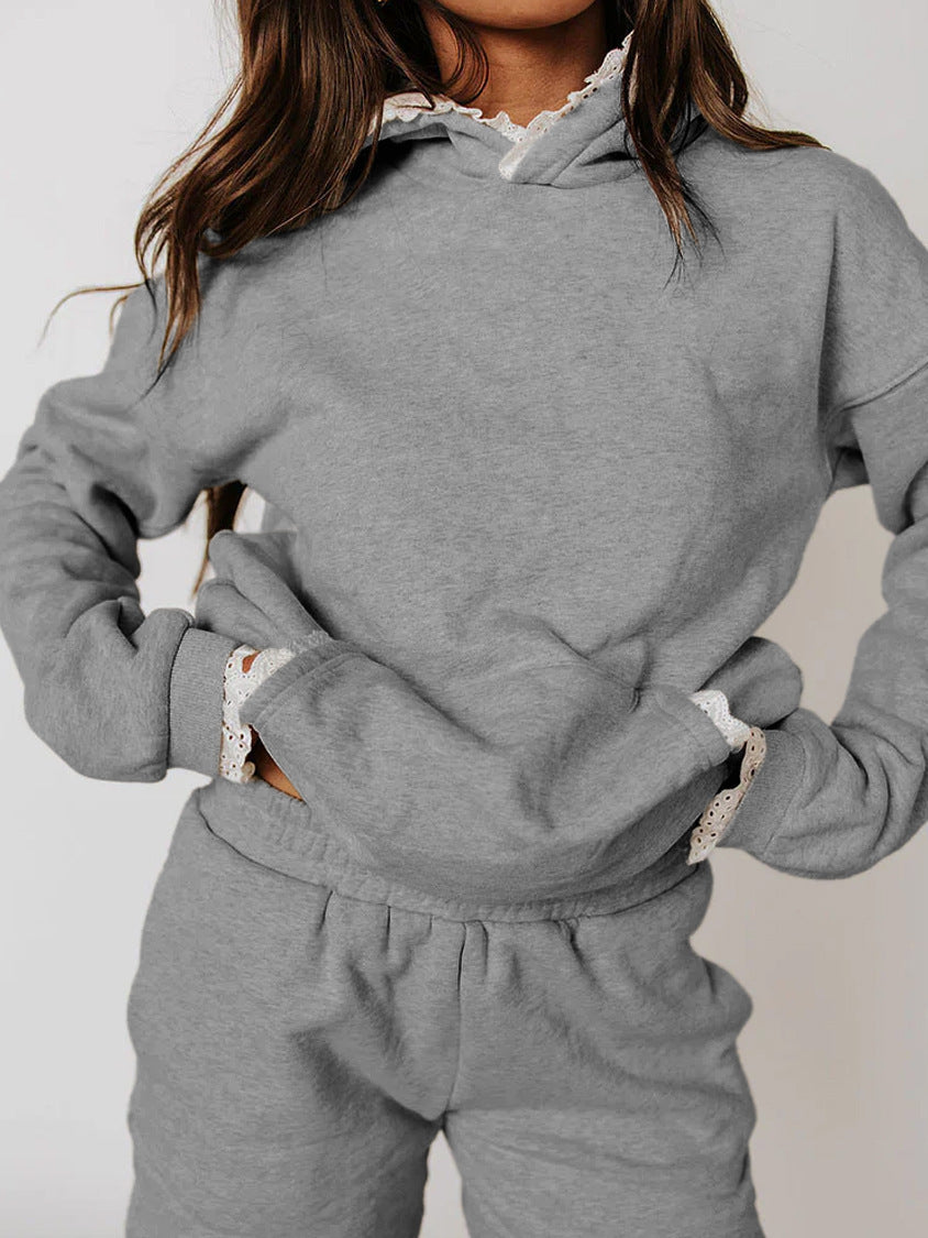 Damen Lässiges Hoodie-Set mit dekorativem Spitzensaum Stalluxe