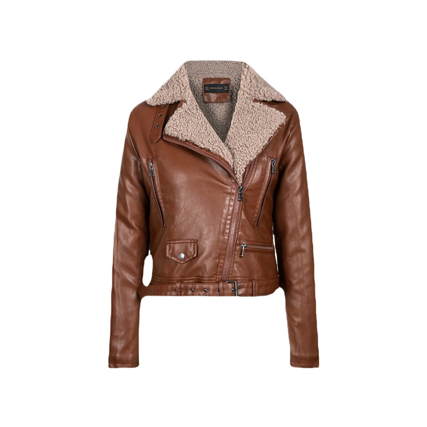Damen stylische Lammfell-Bikerjacke mit doppeltem Reißverschluss und taillierbarem Gürtel Stalluxe