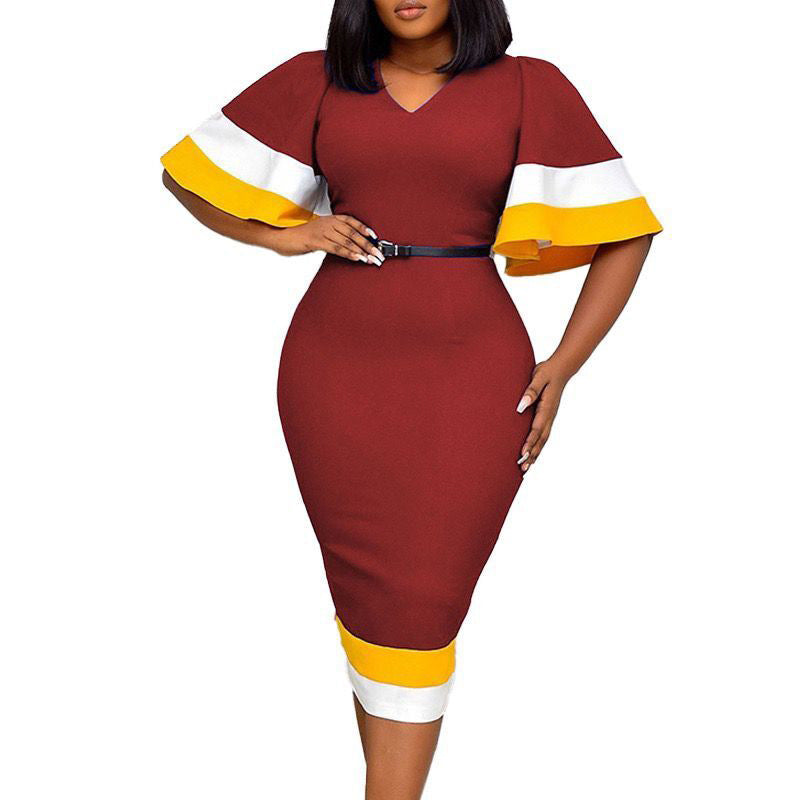 Damen Elegantes V-Ausschnitt Kleid mit kontrastierenden Volantärmeln und Taillengürtel Stalluxe