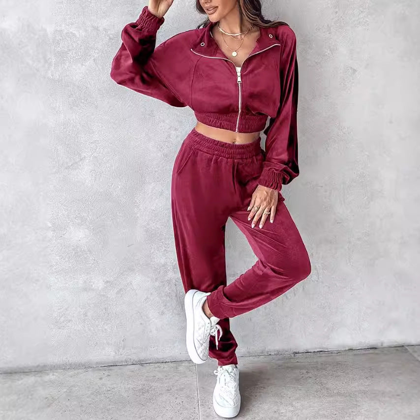 Damen Velours Sportanzug mit cropped Jacke und elastischem Bund Stalluxe
