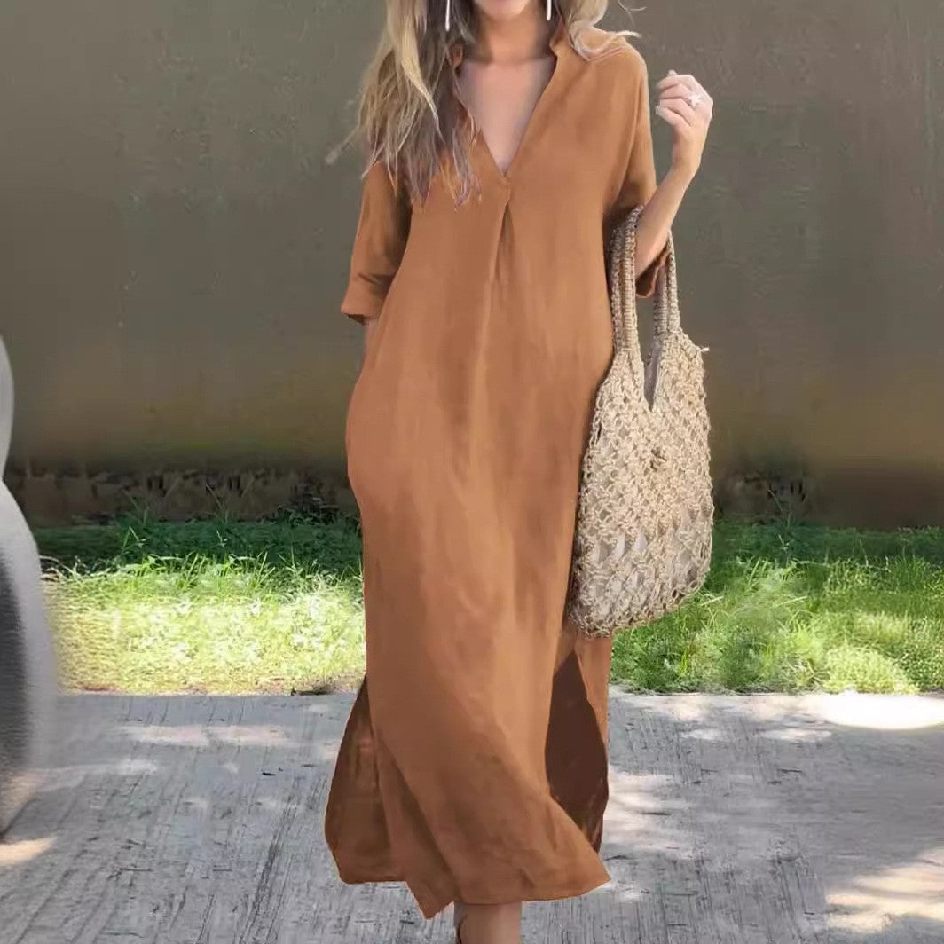 Damen Lässiges Maxikleid mit V-Ausschnitt und seitlichen Schlitzen Stalluxe