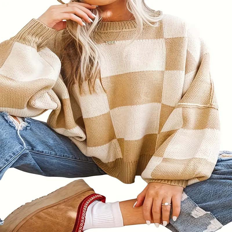 Damen lässiger pullover mit Karo-Muster und weiten Ärmeln Stalluxe