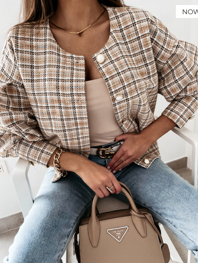 Damen Modischer Karostrickjacke mit einzigartigem Knopfverschluss Stalluxe