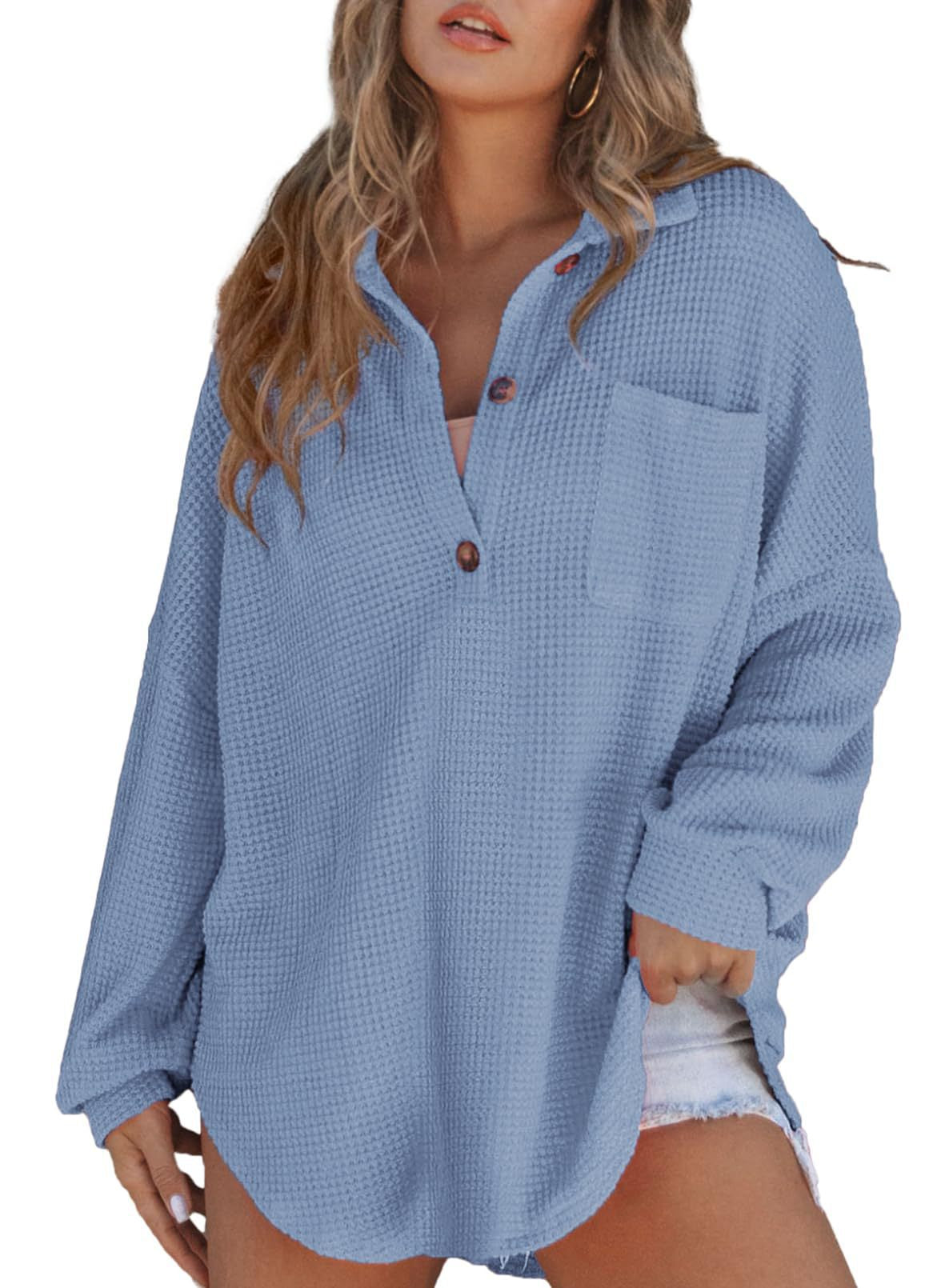 Damen lässiges Waffelshirt mit Knopfdetails und Taschen Stalluxe