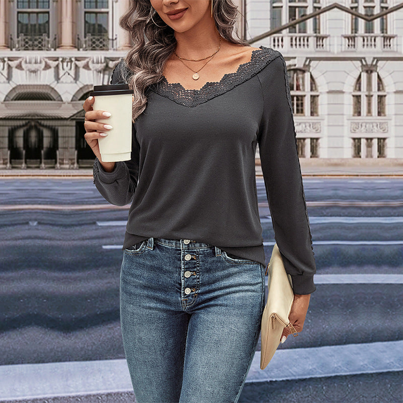 Damen Langarmshirt mit Spitzenverzierung und V-Ausschnitt Stalluxe