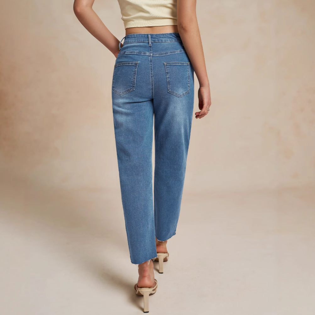 Damen Hochtaillierte Ripped Jeans mit lässigem Schnitt und Fransen Stalluxe