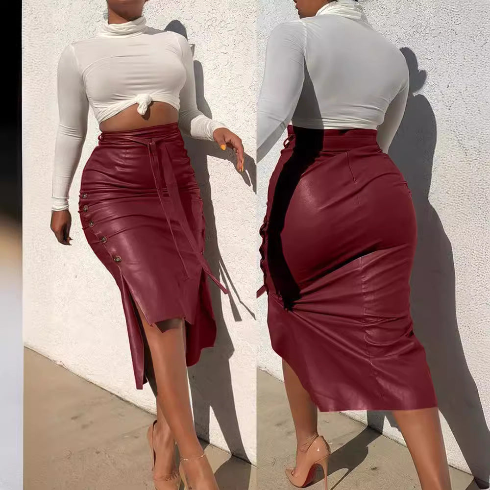 Damen Kunstlederrock mit Knopfdetails und seitlichem Schlitz Stalluxe
