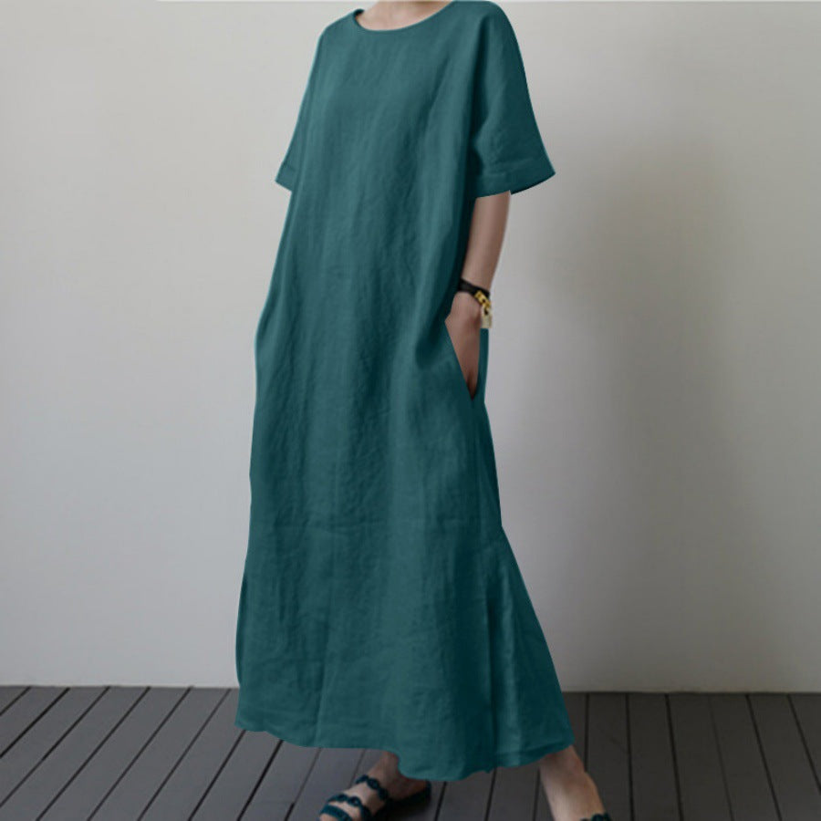 Damen Leinenmaxikleid mit weit geschnittenen Ärmeln und Taillengürtel Stalluxe