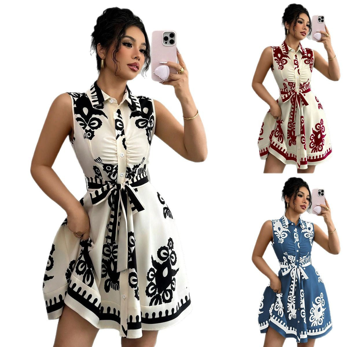 Damen Blusenkleid mit elegantem Taillengürtel und verspieltem Muster Stalluxe