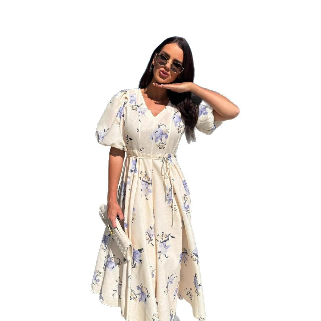 Damen Maxikleid mit elegantem V-Ausschnitt und voluminösen Puffärmeln Stalluxe
