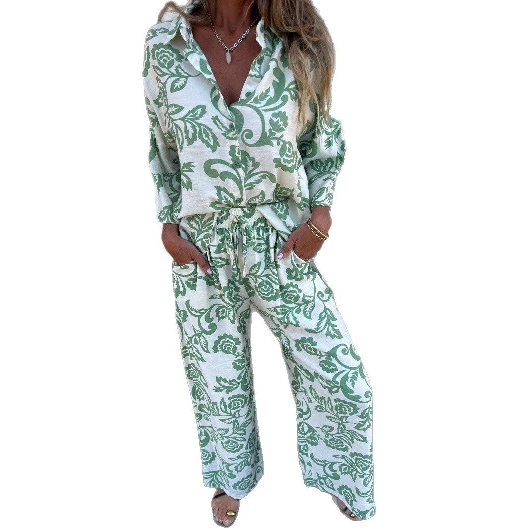 Women's Floral Print Button-Up Shirt and Wide-Leg Trouser Set Stalluxe