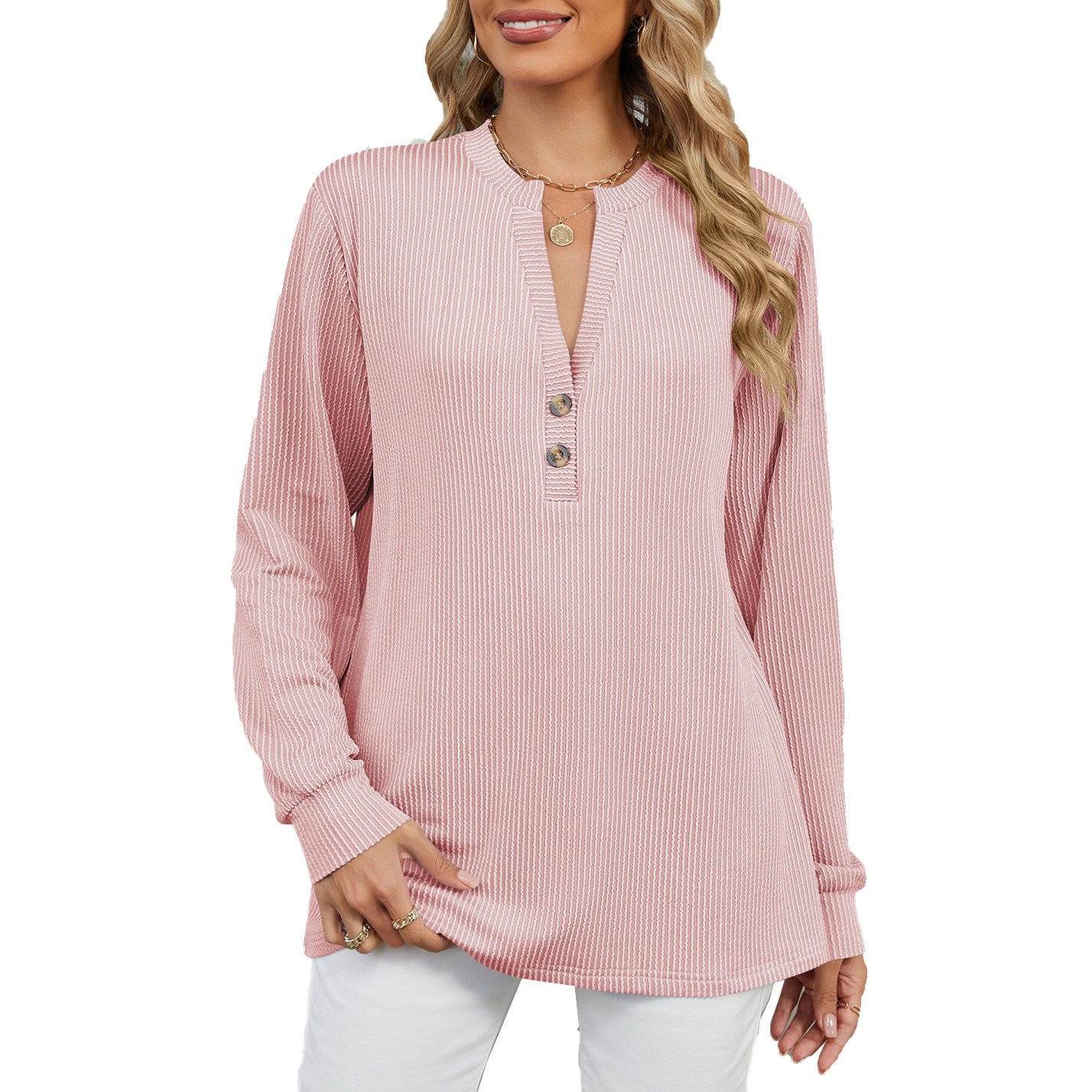 Damen Langarmshirt mit modischem Henley-Ausschnitt und strukturierter Ripptextur Stalluxe
