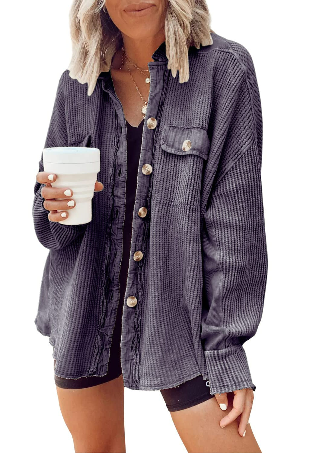 Damen Lässige Waffle-Strickjacke mit praktischen Taschen und Knopfdetails Stalluxe