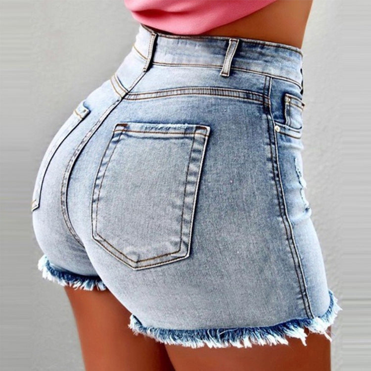 Damen High-Waist Denim-Shorts mit fransigem Saum Stalluxe