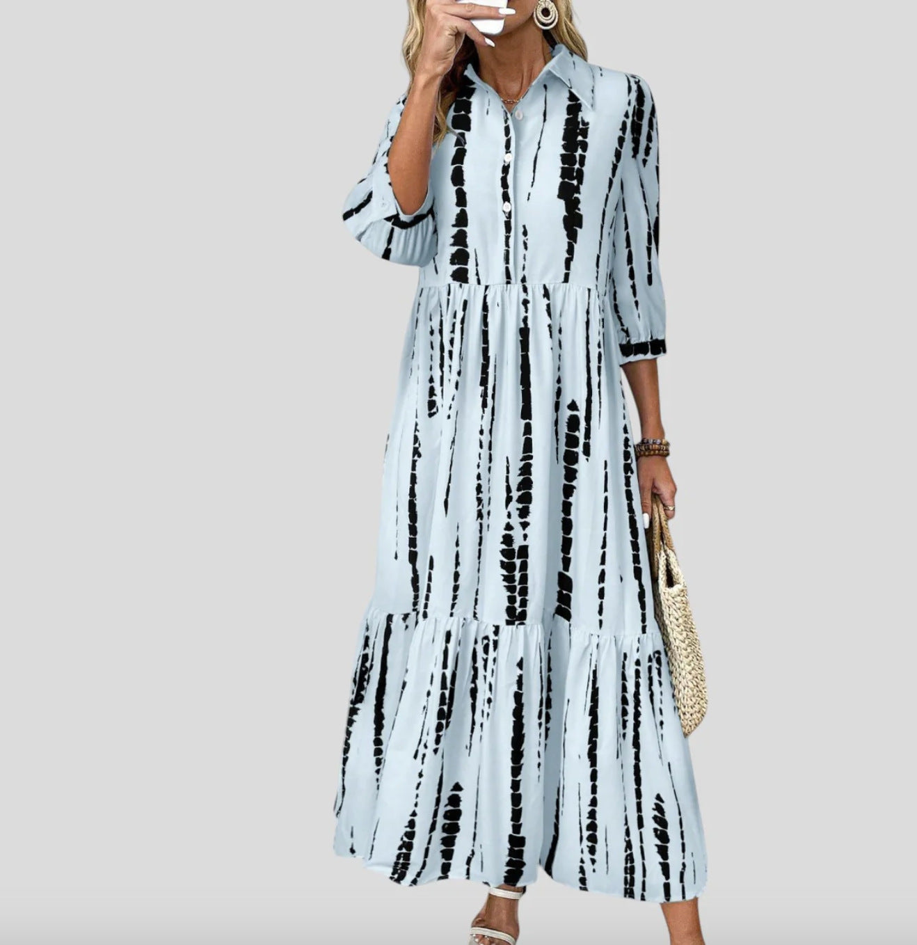 Damen Langarm Maxikleid mit modernen Streifenmuster und Taschen Stalluxe