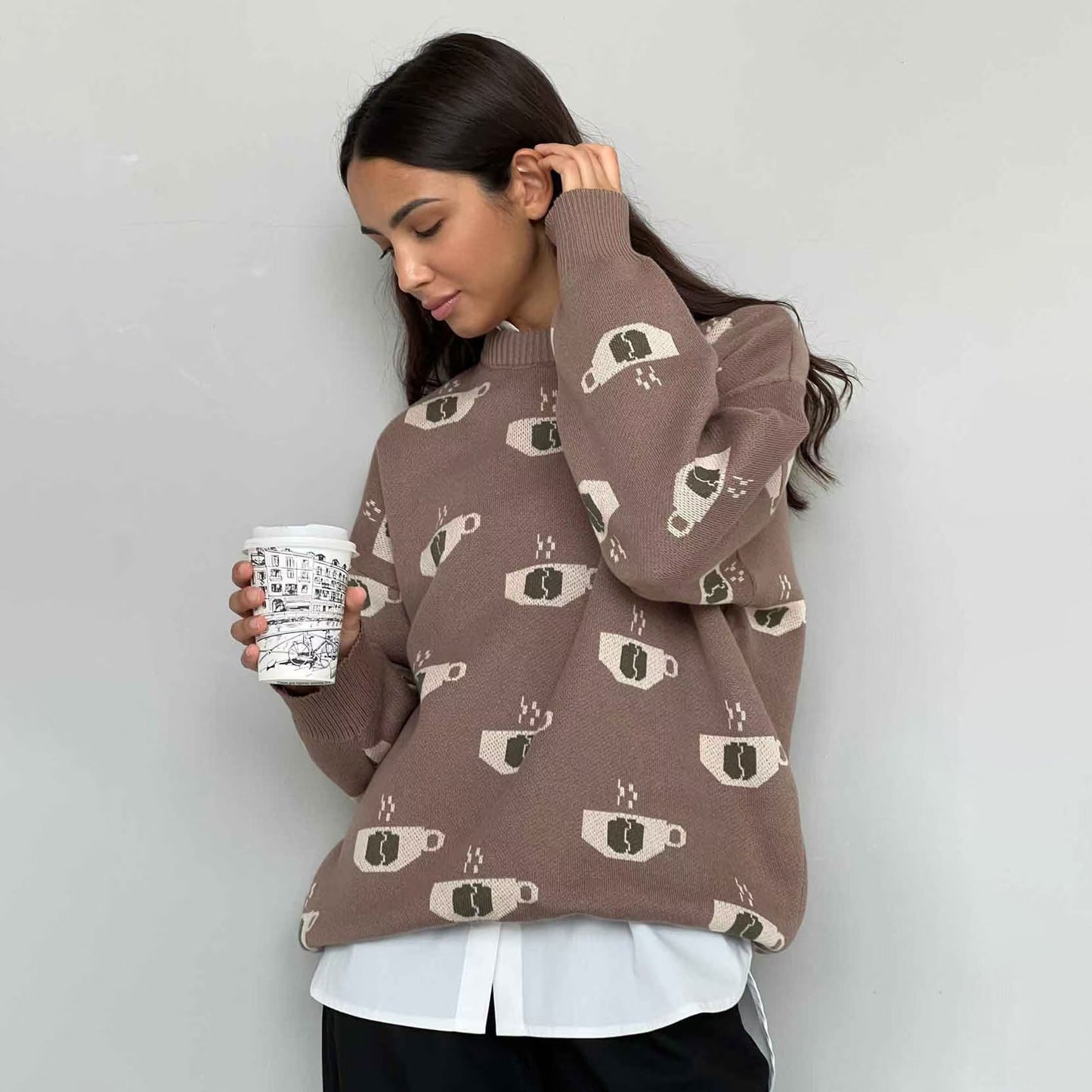 Damen Gemusterter Strickpullover mit Kaffeetassen-Motiv und angenehmem Sitz Stalluxe