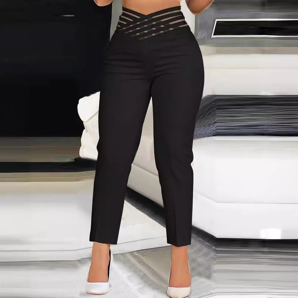 Damen stylische High-Waist Hosen mit transparentem Gitterbund Stalluxe