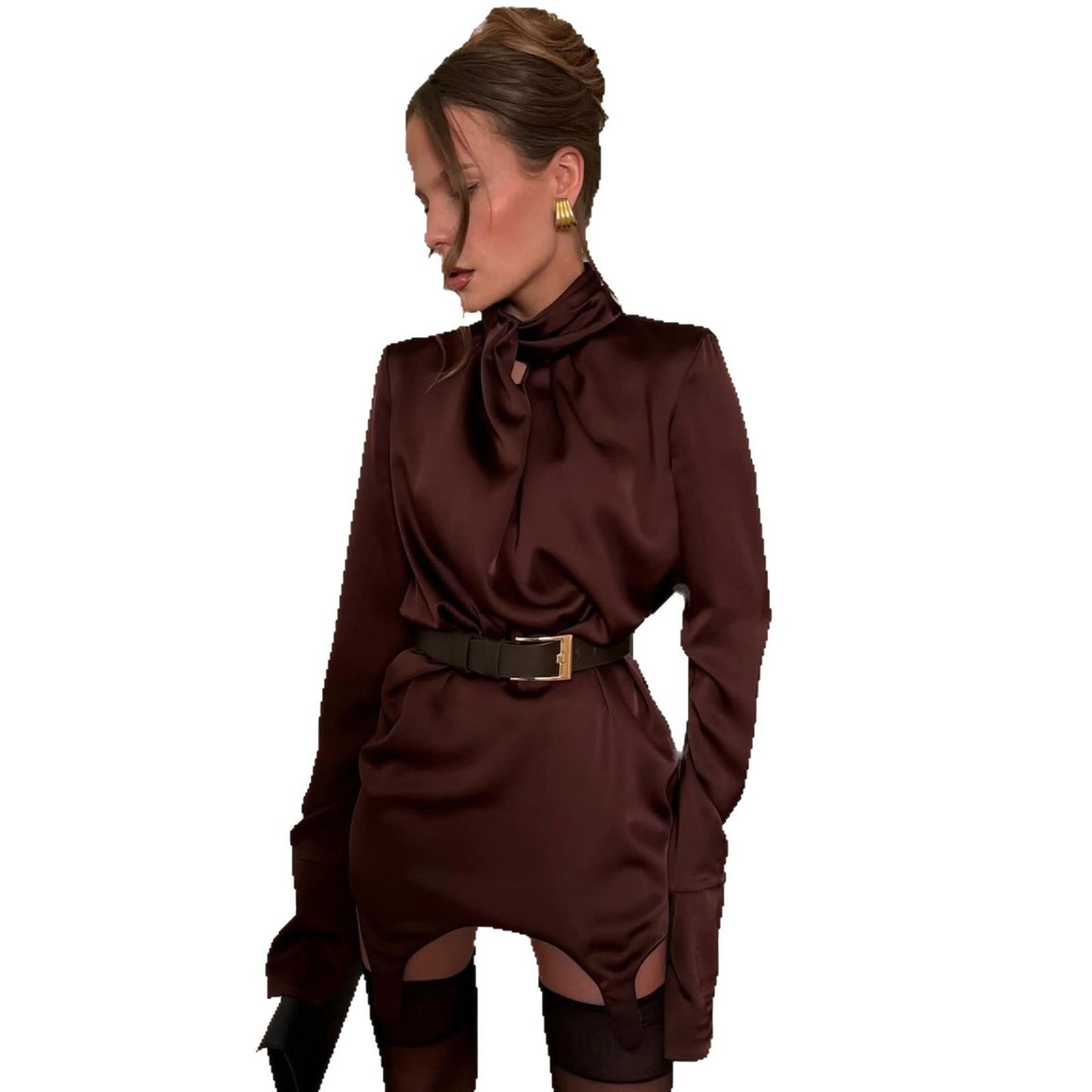 Damen Elegantes Satin-Minikleid mit hochgeschlossenem Kragen und Raffungsdetails Stalluxe