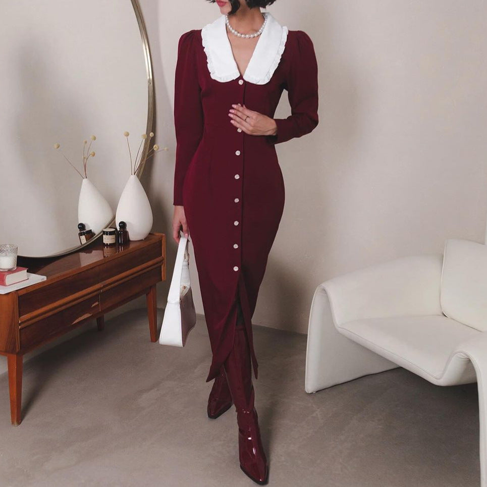 Damen Elegantes Maxikleid mit kontrastierendem Kragen und Knopfdetails Stalluxe