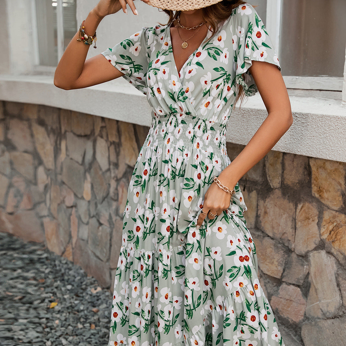Damen Sommerliches Maxikleid mit elastischem Taillenbund und floralem Design Stalluxe