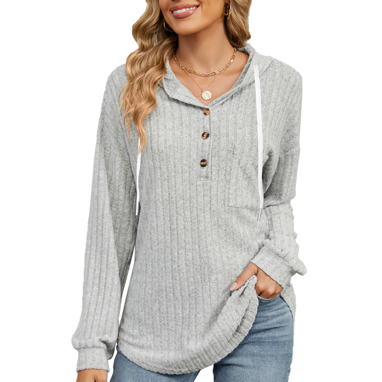 Damen lässiger Hoodie mit Knopfleiste und strukturiertem Design Stalluxe