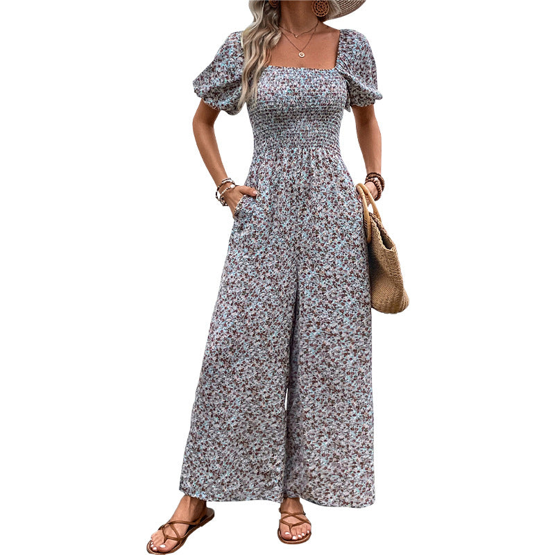 Damen farbenfrohes Blumensommeroverall mit Puffärmeln Stalluxe
