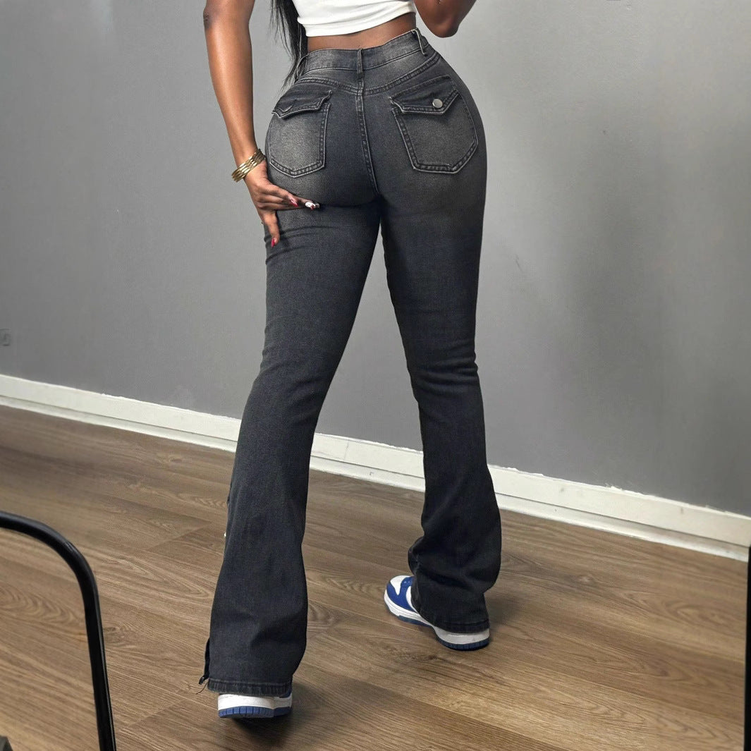 Damen Flared Jeans mit Knopfdetail und hohem Bund Stalluxe