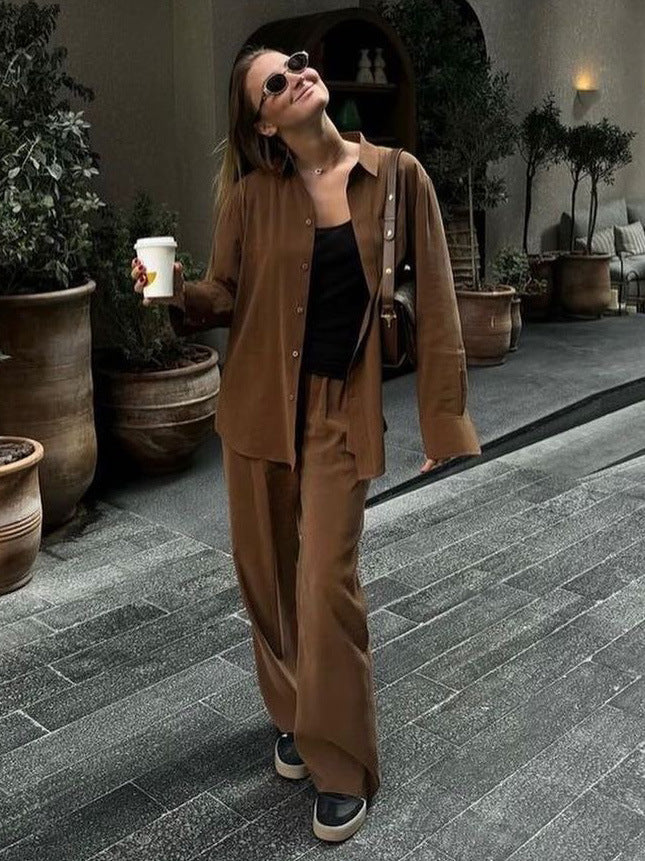 Damen elegantes Freizeitanzug-Set mit lockerer Bluse und weiten Hosen Stalluxe