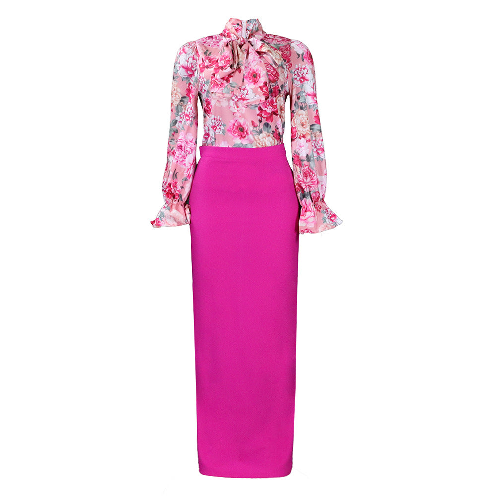 Damen Elegantes Etuikleid mit floralen Ärmel und Rüschen-Details Stalluxe