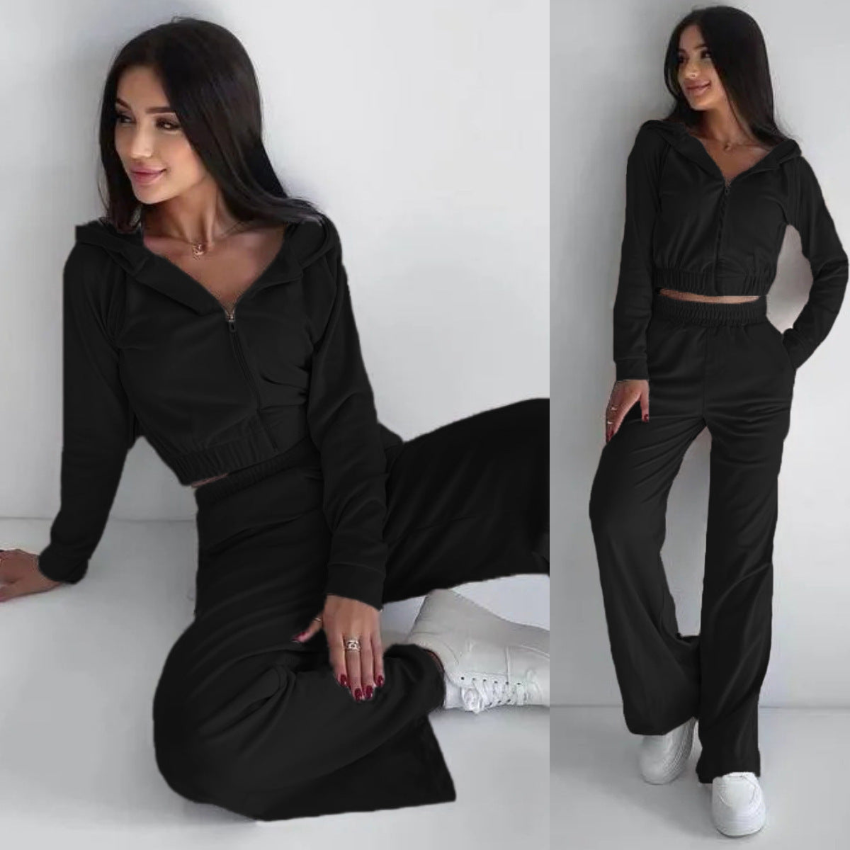 Damen modischer Velours-Cropped-Hoodie und weite Sporthose Set Stalluxe