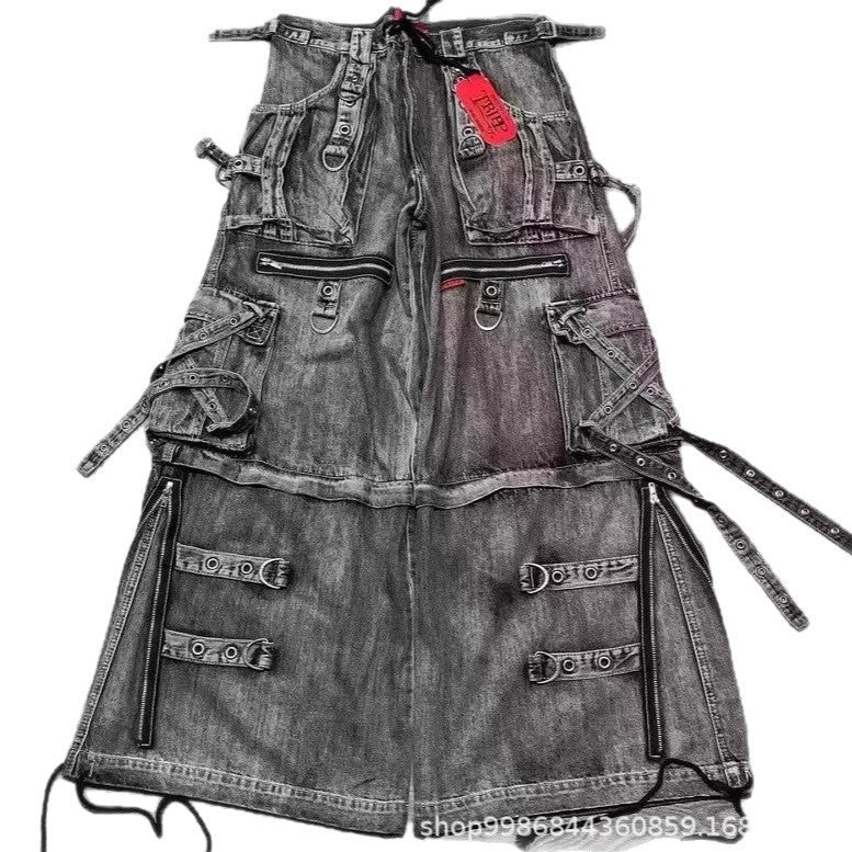 Damen auffällige Denim Latzhose mit abnehmbaren Trägern und vielen Taschen Stalluxe